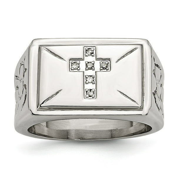 Stainless Steel Diamond Cross w/Textured Sides Ring 